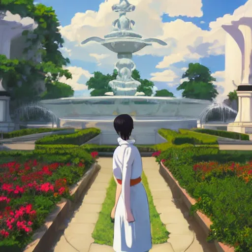 Prompt: a full body portrait of a young woman wearing a white apron standing in front of a fountain in a park, makoto shinkai, james gilleard, very detailed, matte, gaussian blur, tone mapped William-Adolphe
