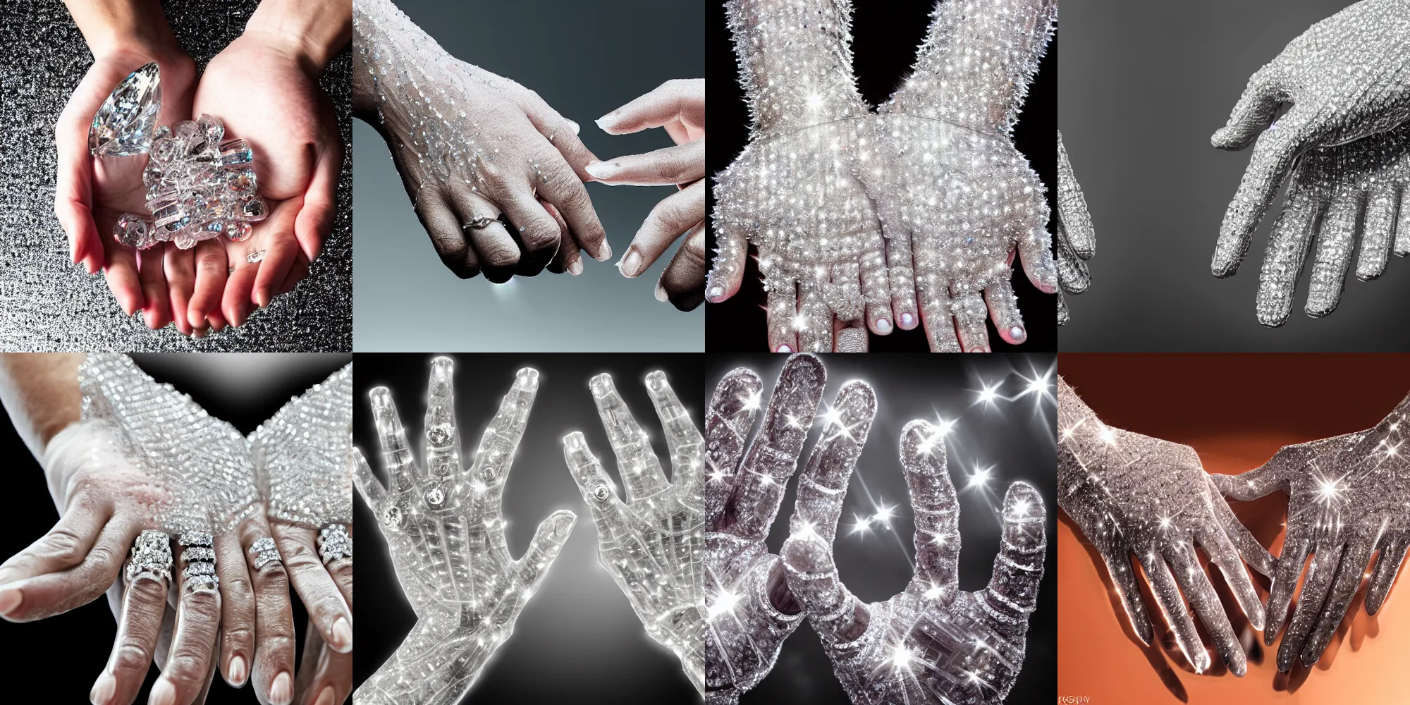 Prompt: hands made out of diamonds, transparent, high detail, hdr, light reflections, crystals, dimly lit