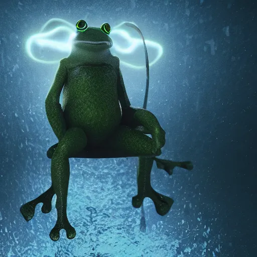 Image similar to frog time wizard with a beard, emitting an immense ray of frost, epic, fantasy, octane render, ( final flash ), 8 k, cinematic