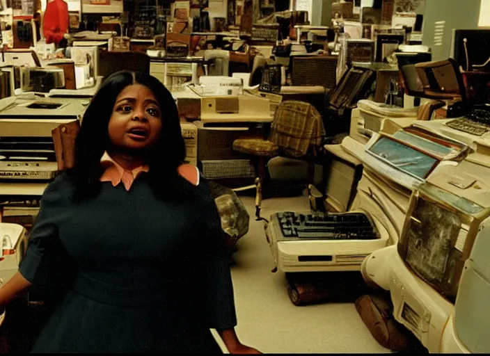 Image similar to cinematic shot of octavia spencer stressed out in an cramped used electronics store next to an old electronic keyboard, iconic scene from the paranoid thriller sci fi film directed by stanley kubrick, anamorphic cinematography, beautiful composition, color theory, leading lines, photorealistic