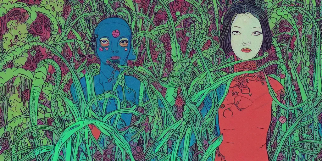 Image similar to risograph grainy drawing vintage sci - fi, antagonist girl, satoshi kon color palette, face covered with plants and flowers, wearing futuristic scaphander with lot of vires and tentacles, exotic plants around and on the background, parking lot, painting by moebius and satoshi kon and dirk dzimirsky close - up portrait