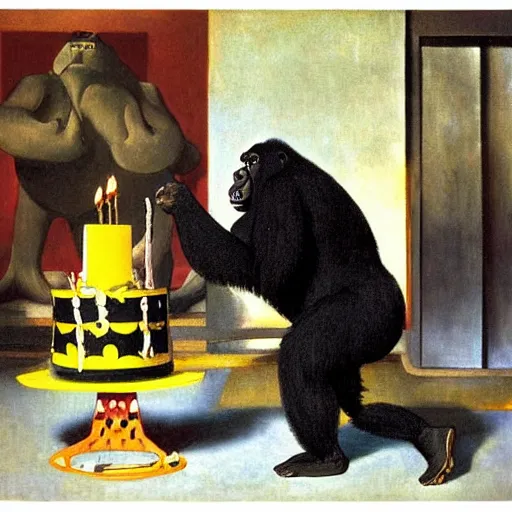 Image similar to candid of an oversized gorilla blowing out birthday candles on a cake, glowing with silver light, painting by franz marc, by jean - leon gerome, by winsor mccay, today's featured photograph, 1 6 k, character design, set design