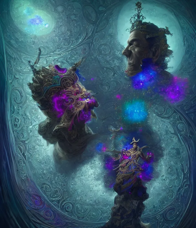 Image similar to front!!! shot of a court jester!!! character, mesmerizing fractal hypercubes, dark holography!!!, future, oil slick nebula, crystalline edges, (((intricate))), elegant, highly detailed, centered, (((artstation, concept art, smooth, sharp focus, artgerm, Tomasz Alen Kopera, Peter Mohrbacher, donato giancola, Joseph Christian Leyendecker, WLOP, Boris Vallejo))), ((raytracing)), mugshot!!!!!, ugly!!!!!!, octane render, nvidia raytracing demo, octane render, nvidia raytracing demo, octane render, nvidia raytracing demo, grainy, muted, 8K, digitalblasphemy, metatron