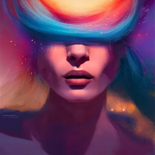 Image similar to colorful character portrait of a woman in a dark desert lit by the stars, wispy smoke, highly detailed face, very intricate, symmetrical, cinematic lighting, award - winning epic painting, painted by mandy jurgens, pan futurism, lumion render, dystopian, bold colors, dark vibes, cyberpunk, groovy vibe, anime aesthetic, featured on artstation