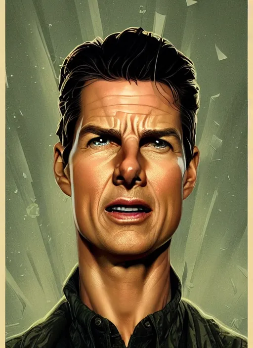 Image similar to poster artwork by Michael Whelan and Tomer Hanuka, Karol Bak of Tom Cruise screaming due to his mind expanding too much, from scene from Twin Peaks, clean, simple illustration, nostalgic, domestic, full of details