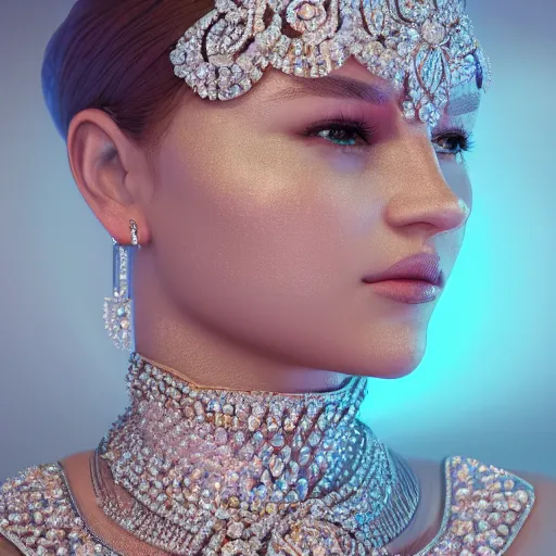 Image similar to portrait of wonderful princess of diamond with fair skin, ornate with diamonds, 8 k, gorgeous, intricate, detailed, glowing white accent lighting, dramatic lighting, octane render