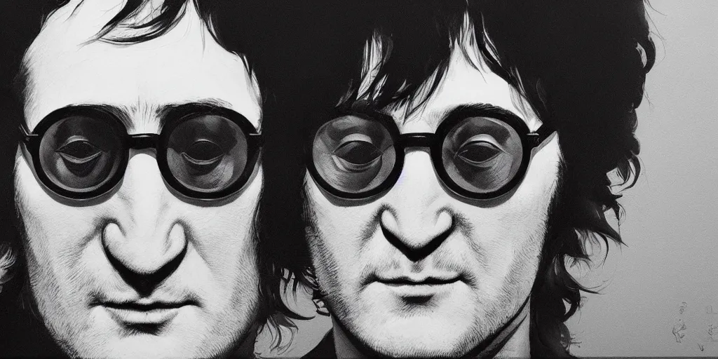 Prompt: John Lennon portrait, kim jung gi style, Greg Rutkowski, Zabrocki, Karlkka, Jayison Devadas, Phuoc Quan, trending on Artstation, 8K, ultra wide angle, zenith view, pincushion lens effect