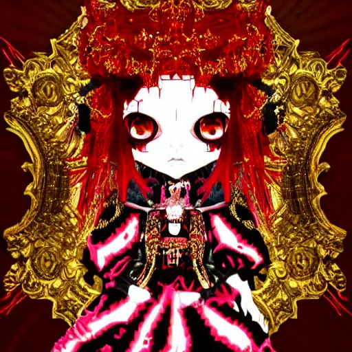 Image similar to baroque bedazzled gothic royalty frames surrounding a pixelsort emo demonic horrorcore japanese yokai doll, low quality sharpened graphics, remastered chromatic aberration spiked korean bloodmoon sigil stars draincore, gothic demon hellfire hexed witchcore aesthetic, dark vhs gothic hearts, neon glyphs spiked with red maroon glitter breakcore art by guro manga artist Shintaro Kago