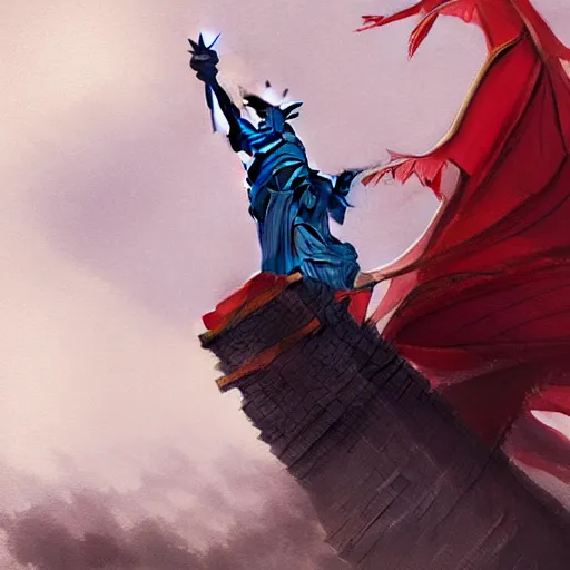 Image similar to Lady Liberty riding the red dragon of 龙, no noise, elegant, concept art, sharp focus, digital art, smooth defined outlines!!, by Brom, trending on Artstation, Tom Bagshaw, Sargent