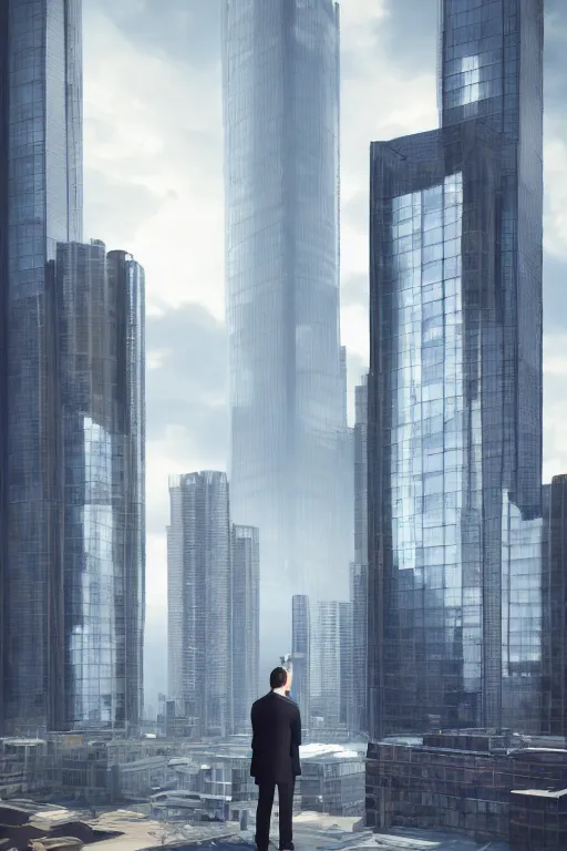 Prompt: a skyscraper wearing a formal overcoat, portait photo profile picture, hyperrealistic concept art, octane render, unreal engine 5, digital art hi