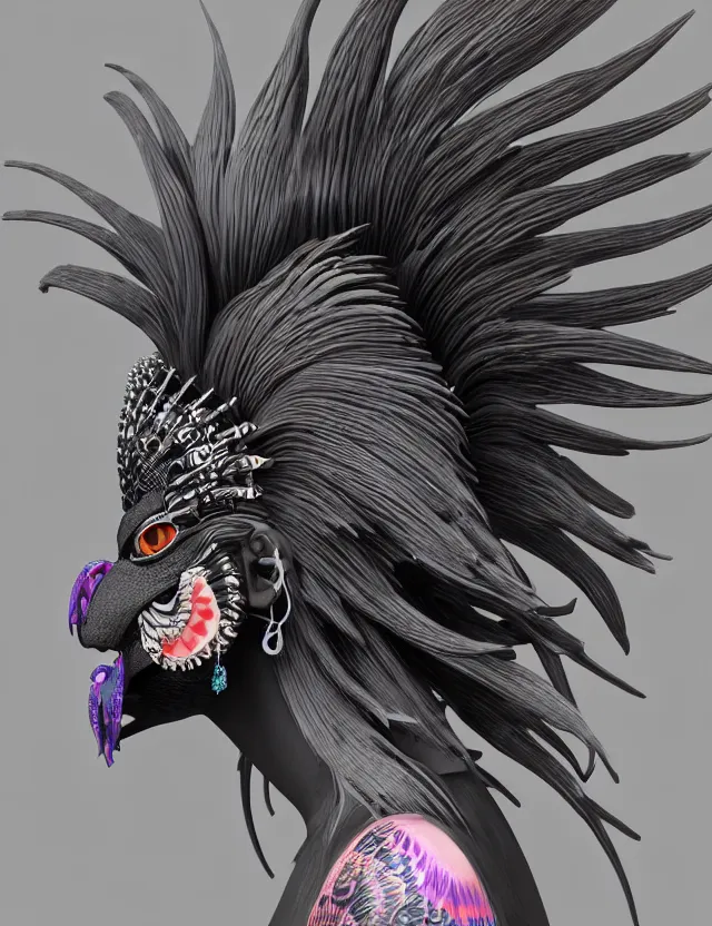 Image similar to 3 d goddess close - up profile portrait punk with mohawk with ram skull. beautiful intricately detailed japanese crow kitsune mask and clasical japanese kimono. betta fish, jellyfish phoenix, bio luminescent, plasma, ice, water, wind, creature, artwork by tooth wu and wlop and beeple and greg rutkowski