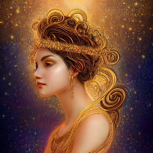 Image similar to highly detailed digital painting portrait of a beautiful goddess by wlop, bright light emerging from her eyes, with small diadem, with lots of thin ornaments, curves and chaotic fractal art inlays, intricate, 8 k, golden aura, cinematic light, background atmospheric effects, sparkles, light rays, mixed with mucha style