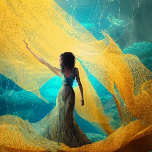 Prompt: woman dancing underwater wearing a long flowing dress made of many translucent layers of gold and blue lace seaweed, bolts of bright yellow fish, delicate coral sea bottom, swirling silver fish, swirling smoke shapes, octane render, caustics lighting from above, cinematic, hyperdetailed