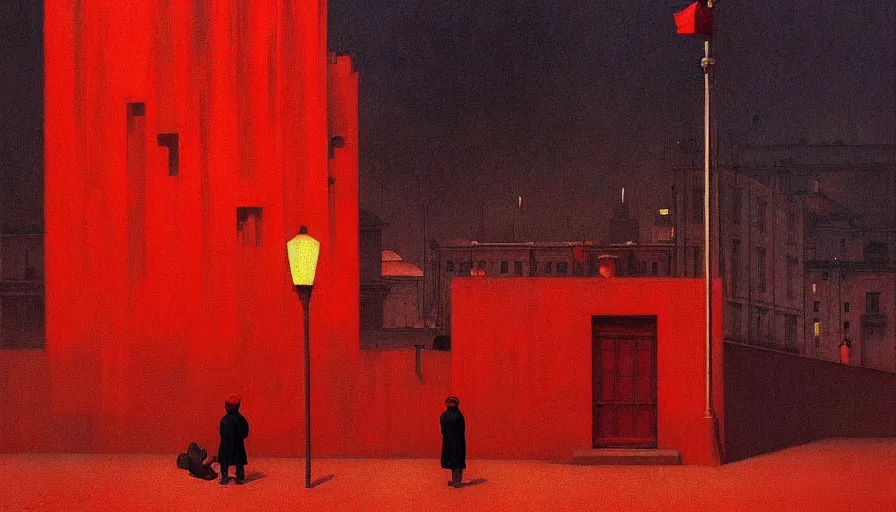 Prompt: only with red, soviet communism city cold atmosphere and with soviet flag, in the style of beksinski, by edward hopper and rodcenko and yue minjun and cory loftis, intricate and epic composition, red by caravaggio, highly detailed, masterpiece, red light, artstation, art nouveau