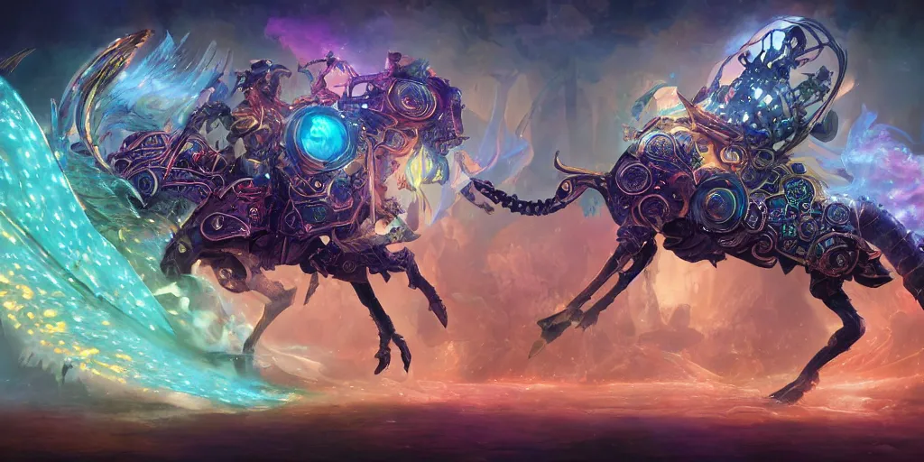 Image similar to cosmic steampunk opal mechanical horse, character design sheet, monster hunter illustrations art book, iridescent, blue flame, neon lights, armored, moebius, greg rutkowski, zabrocki, karlkka, jayison devadas, phuoc quan, trending on artstation, 8 k, ultra wide angle, zenith view, pincushion lens effect.