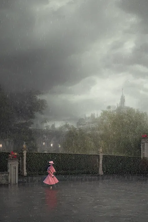 Prompt: Queen Elizabeth getting caught in the rain. Pixar animation, sharp, Rendered in Redshift and Unreal Engine 5 by Greg Rutkowski, Bloom, dramatic moody high contrast lighting, dusk, dramatic stormy sky, single light showing in palace