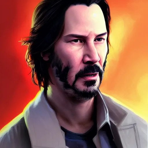 Image similar to keanu reeves as Rick Sanchez, portrait, highly detailed, digital painting, artstation, concept art, sharp focus, illustration, art by artgerm and greg rutkowski and alphonse mucha