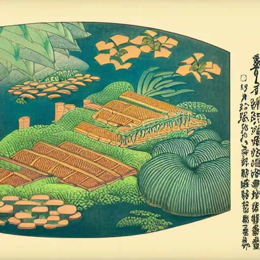 Image similar to 3 d isometric botanical illustration of a small city in an island surrounded by water, diego rivera in ukiyo - e style variation 1, hd