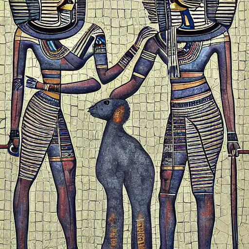 Image similar to egyptian peaceful by aquirax uno. a beautiful drawing of a group of creatures that looks like a mix of different animals. most of the creatures have human - like features, such as arms & legs, & some are standing upright while others are crawling or flying.