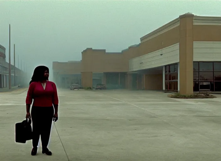 Image similar to cinematic screenshot wide shot of octavia spencer in a foggy abandoned sears parking lot, paranoia everywhere, screenshot from the tense thriller film ( 2 0 0 1 ) directed by spike jonze, volumetric hazy lighting, moody cinematography, 3 5 mm kodak color stock, 2 4 mm lens, ecktochrome