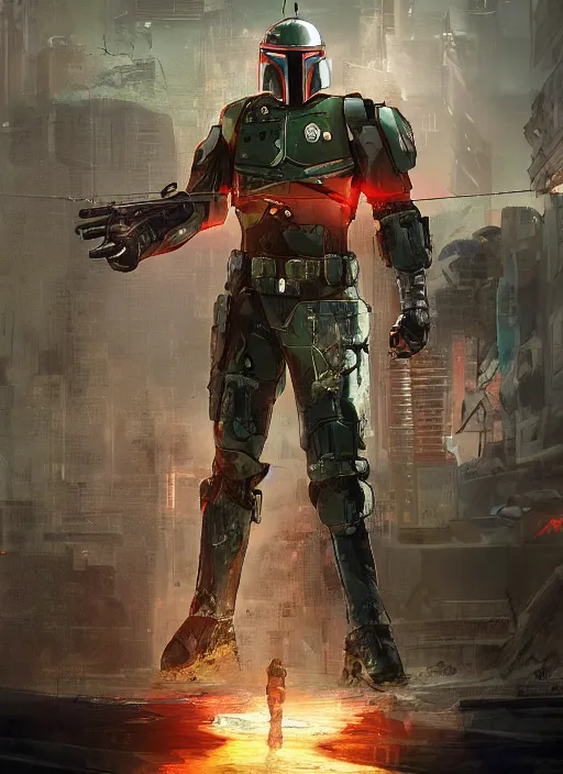 Prompt: cyberpunk cyberpunk cyberpunk x boba fett, digital art, character mashup, epic volumetric lighting, combination art