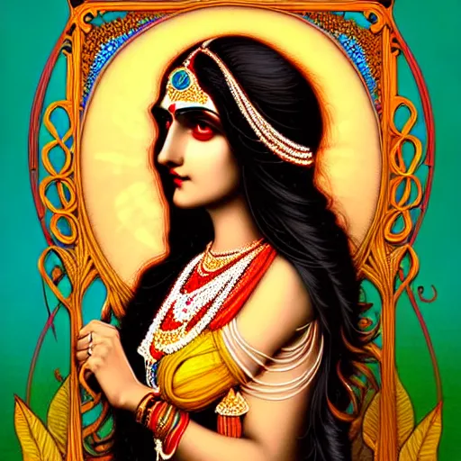 Image similar to beautiful fair Indian goddess wrapped in Art nouveau Ornaments and Frame, highly detailed, digital painting, artstation, concept art, soft light, sharp focus, illustration