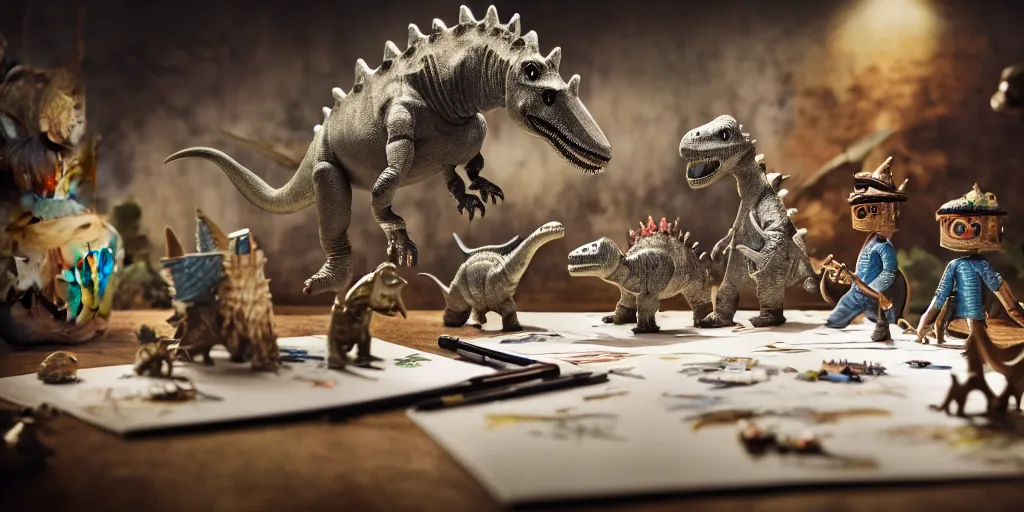 Prompt: closeup portrait of tin mini knights riding dinosaurs fighting on white paper table in an artist workshop, depth of field, zeiss lens, detailed, centered, fashion photoshoot, by nicoletta ceccoli, mark ryden, lostfish, breathtaking, 8 k resolution, extremely detailed, beautiful, establishing shot, artistic, hyperrealistic, octane render