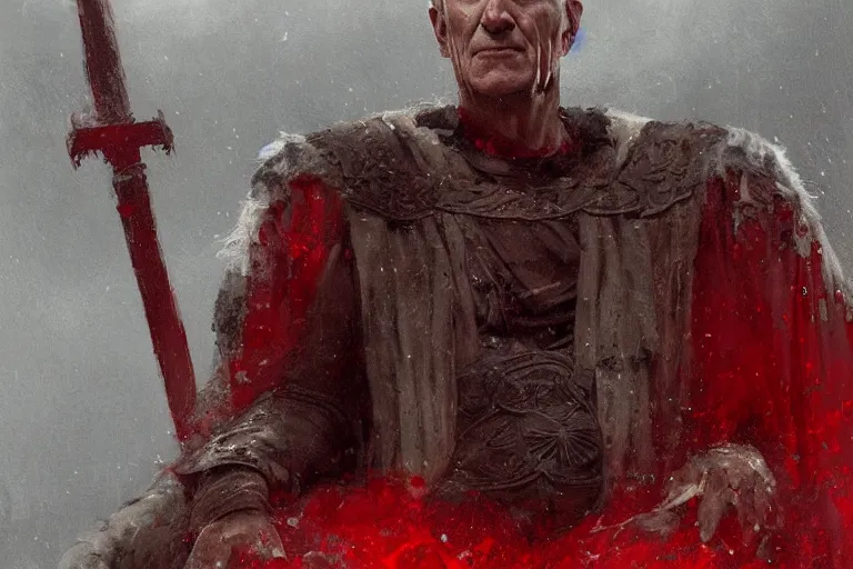 Image similar to the end is near. a tired julius caesar is sitting on his throne. face is highly detailed. splices of red are running down his toga. mist. color scheme red. low angle medium shot. imagined by greg rutkowski and jeremy lipking