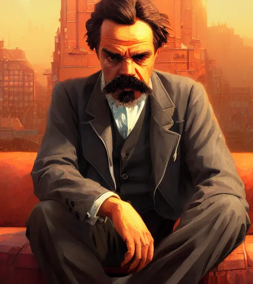 Image similar to highly detailed portrait friedrich nietzsche in gta v, stephen bliss, unreal engine, fantasy art by greg rutkowski, loish, rhads, ferdinand knab, makoto shinkai and lois van baarle, ilya kuvshinov, rossdraws, tom bagshaw, global illumination, radiant light, detailed and intricate environment