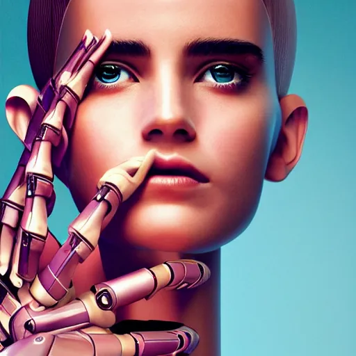 Image similar to portrait of a stunningly beautiful futuristic female robot, from the movie ex machina, depth of field, zeiss lens, detailed, symmetrical, centered, fashion photoshoot, by Annie Leibovitz and Steve McCurry, David Lazar, Jimmy Nelsson, Breathtaking, 8k resolution, extremely detailed, beautiful, establishing shot, artistic, hyperrealistic, beautiful face, octane render