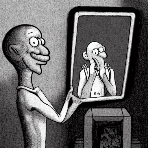 Prompt: man looking into a mirror, his reflection is not there, squidward is in the mirror, photograph