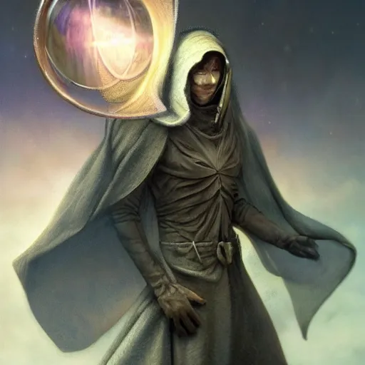 Image similar to masked nomad male wearing a cloak on an alien world and holding a holographic planet projection in his hand, detailed, sci - fi, digital painting, artstation, sharp focus, illustration, ominous, artgerm, tomasz alen kopera, peter mohrbacher, donato giancola, joseph christian leyendecker, wlop, frank frazetta