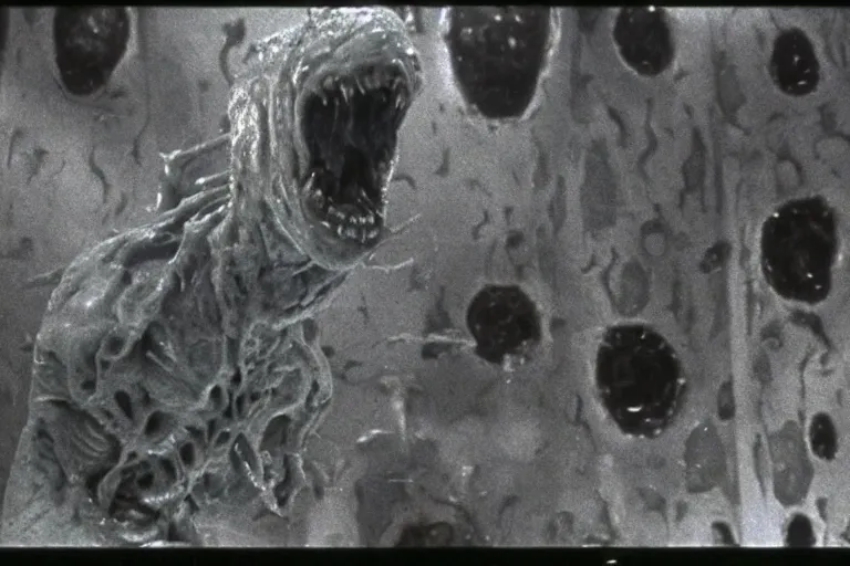 Prompt: scary backlit filmic wide shot angle movie still 35mm film color photograph of a shape shifting horrific nightmarish abstract alien organism from The Thing 1982 spewing toxic liquid from an alien plant made out of guts and flesh protruding from its head, inside of a lab, in the style of a horror film