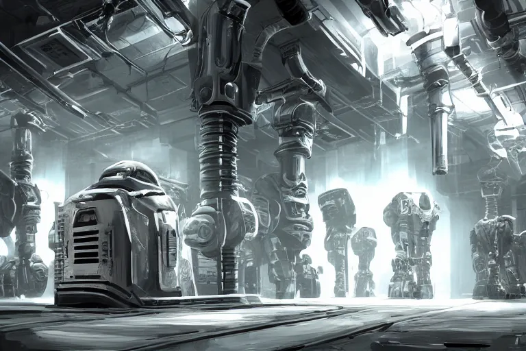 Image similar to parallax datacenter server room interior single mono colossus white rusty android guest robosaurus tusk artstation cinematic detailed concept art sharp coherent cgsociety symmetric perfect well balanced shadows lotr swithes routers