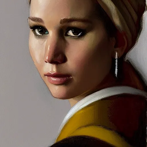 Image similar to portrait of Jennifer Lawrence in the style of Girl with a Pearl Earring by Johannes Vemeer, oil painting, masterpiece, old master, grand master, symmetrical facial features, intricate, elegant, digital painting, concept art, smooth, sharp focus, illustration, from StarCraft by Ruan Jia and Mandy Jurgens and Artgerm and William-Adolphe Bouguerea, rule 34