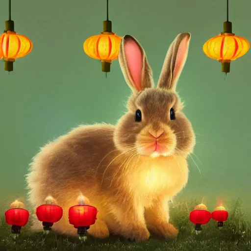 Prompt: cute fluffy tan lop eared bunny rabbit sitting by water with chinese lanterns and fireworks detailed painting 4k