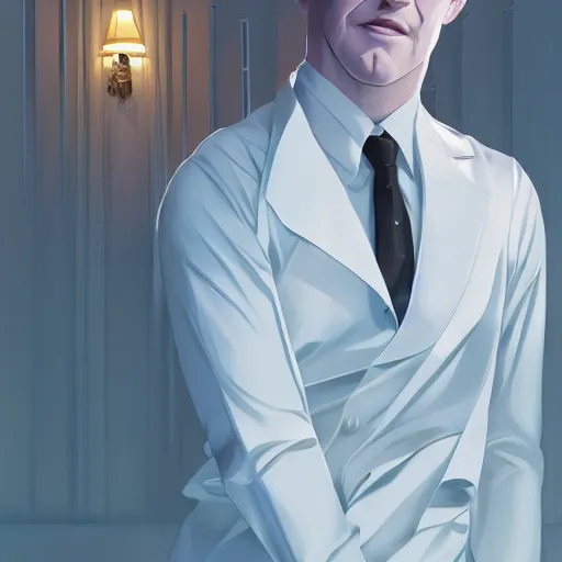 Image similar to portrait of the immensely handsome model Stephen Fry with beautiful long pale blond hair, albino white pale skin, posing for a photoshoot in the golden hour, white dress shirt open at the chest, broad shoulders and huge thick arms, ambient lighting, 4k, anime key visual, lois van baarle, ilya kuvshinov, rossdraws, artstation