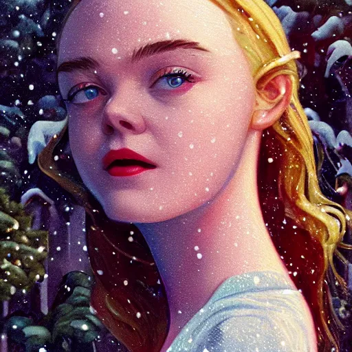 Image similar to Elle Fanning, head and shoulders masterpiece, in the snow, golden hour, in a garden, artstation, in the style of Art Deco and Fernando Botera and Bosch, extremely detailed