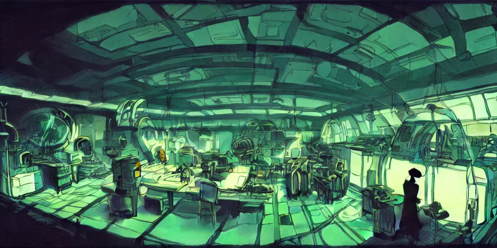 Image similar to interior of a scifi mechanical laboratory, green light, cluttered with machinery and mechanical equipment, artificial intelligence, parabolic lighting, epic composition, wide angle, by miyazaki, nausicaa ghibli, breathe of the wild