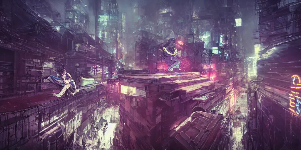 Prompt: cinematic shots of teenagers with tech clothing and hoods and tactical masks doing risky parkour on the rooftops of a dystopian city, neon lights, sci - fi, night lights, rain and haze, concept art, intricate, in the style of katsuhiro otomo, akira, unreal engine