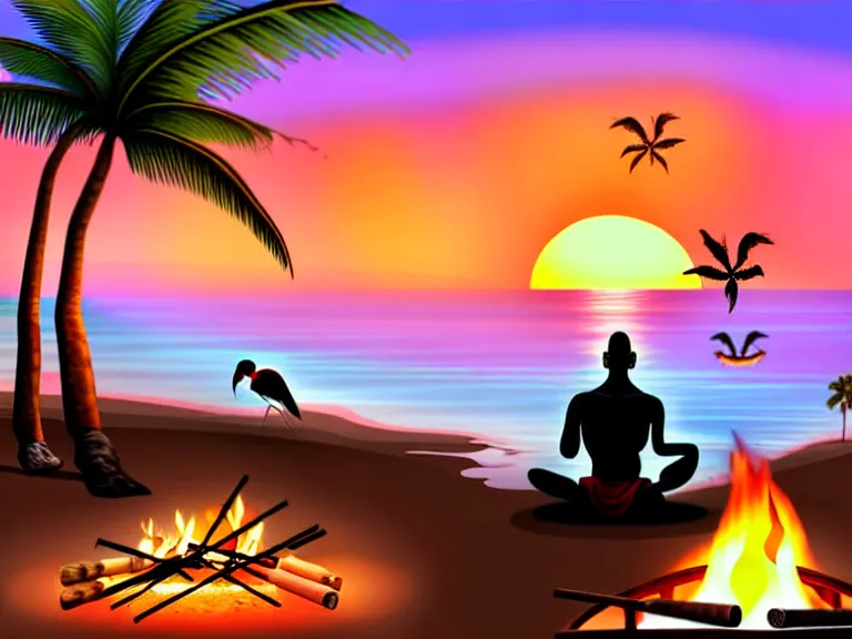 Image similar to gandhi sitting on a beach next to a campfire with palm trees in the back, holding a cigar, sunset, surrounded by different animals, parrots, turtle, lizard, crab, coconuts,, glorious lighting, epic environment, highly detailed, digital art, hyper realistic, beautiful, 8 k, trending on deviantart