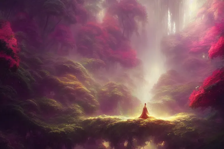 Image similar to a psychedelic realm hidden away in a pocket of ethereal understanding, astral beings sharing love, in the style of greg rutkowski, and wlop, and lisa frank, and bob ross, and ruan jia, illustration, epic, fantasy, hyper detailed, smooth, unreal engine, sharp focus, ray tracing