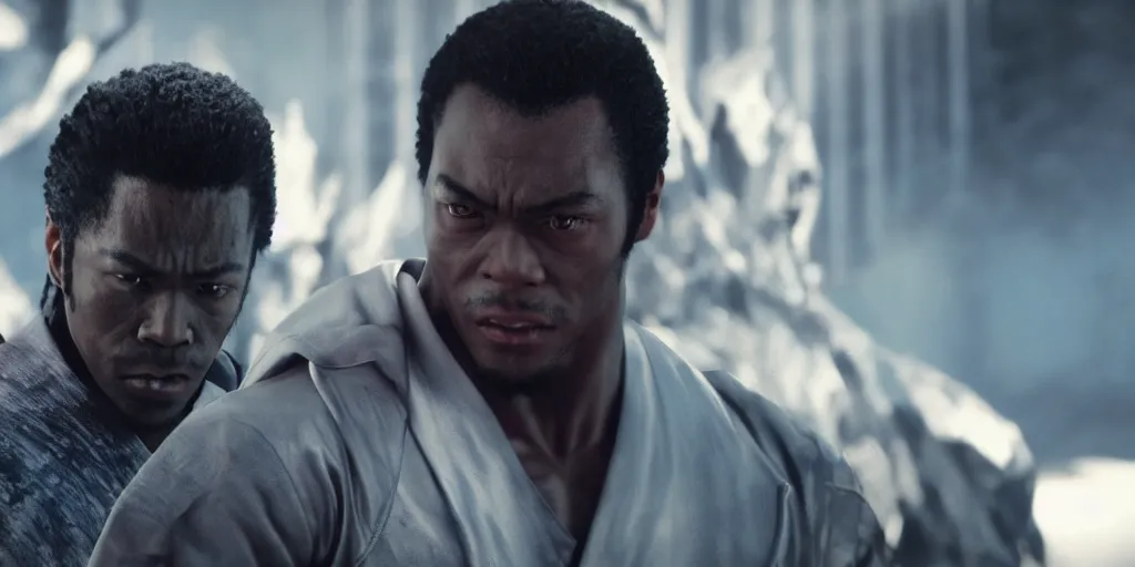 Image similar to a film still of a black man starring in a japanese blockbuster film as kazuya from tekken, shallow depth of field, cinematic, award winning cgi, vfx, film still
