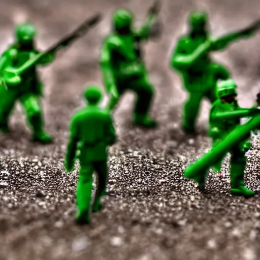 Prompt: 5 green plastic toy soldiers in set on fire . close up. DOF 100mm. F/1.8 45 45 degrees angle