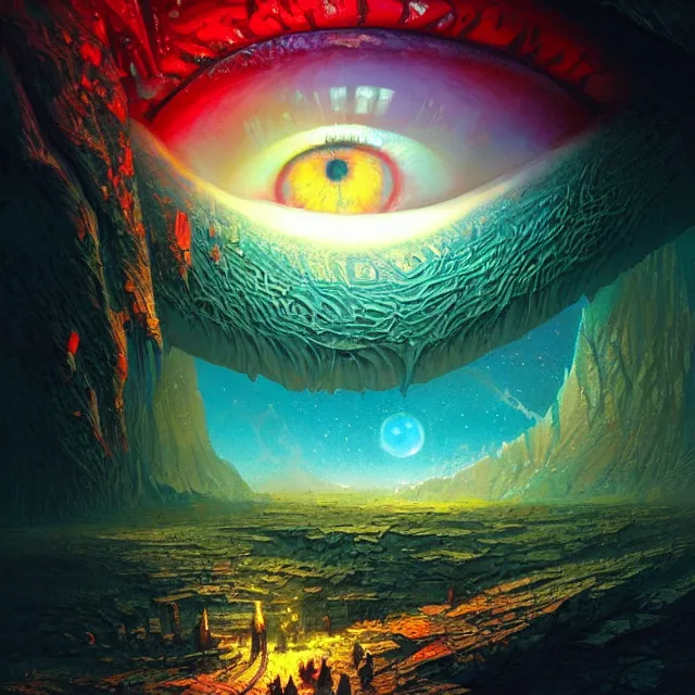 Prompt: microscopic view of the human eye, fantasy landscape is seen inside the iris of the eye, illuminati eye, colorful, sharp and focus, ultra detailed, beautifully lit, in the art style of marc simonetti and john harris