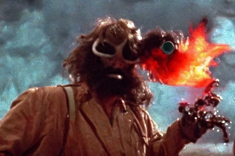 Image similar to scary filmic closeup color ground level angle movie still 35mm film color photograph of Kurt Russel with a beard and mustache burning an abstract alien organism from The Thing 1982 with a flamethrower, in the style of a horror film