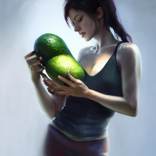 Image similar to lauren walsh lovingly cradling an avacado, fullbody, ultra high detailed, oil painting, greg rutkowski, charlie bowater, yuumei, yanjun cheng, lauren walsh, unreal 5, daz, hyperrealistic, octane render, rpg portrait, dynamic lighting, fantasy art, beautiful face