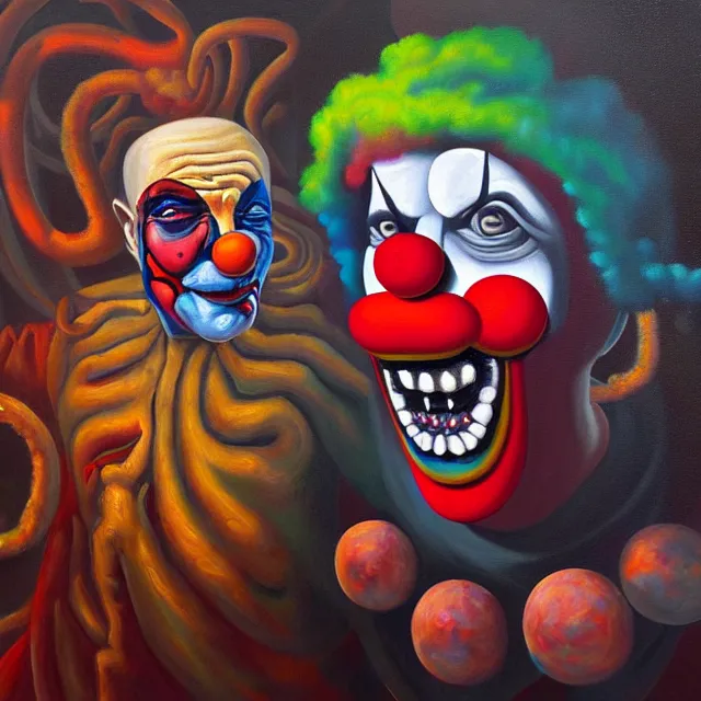 Image similar to an oil on canvas portrait painting of a clown meeting a demon, polycount, surrealism, surrealist, cosmic horror, high detail