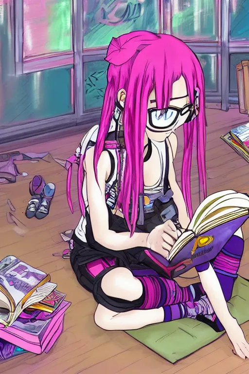 Image similar to concept art painting of a chibi anime cybergoth girl with pink dreads on the floor reading a book in a cluttered 9 0 s bedroom, chibi anime, artgerm, inio asano, toon shading, cel shading, calm, tranquil, vaporwave colors,