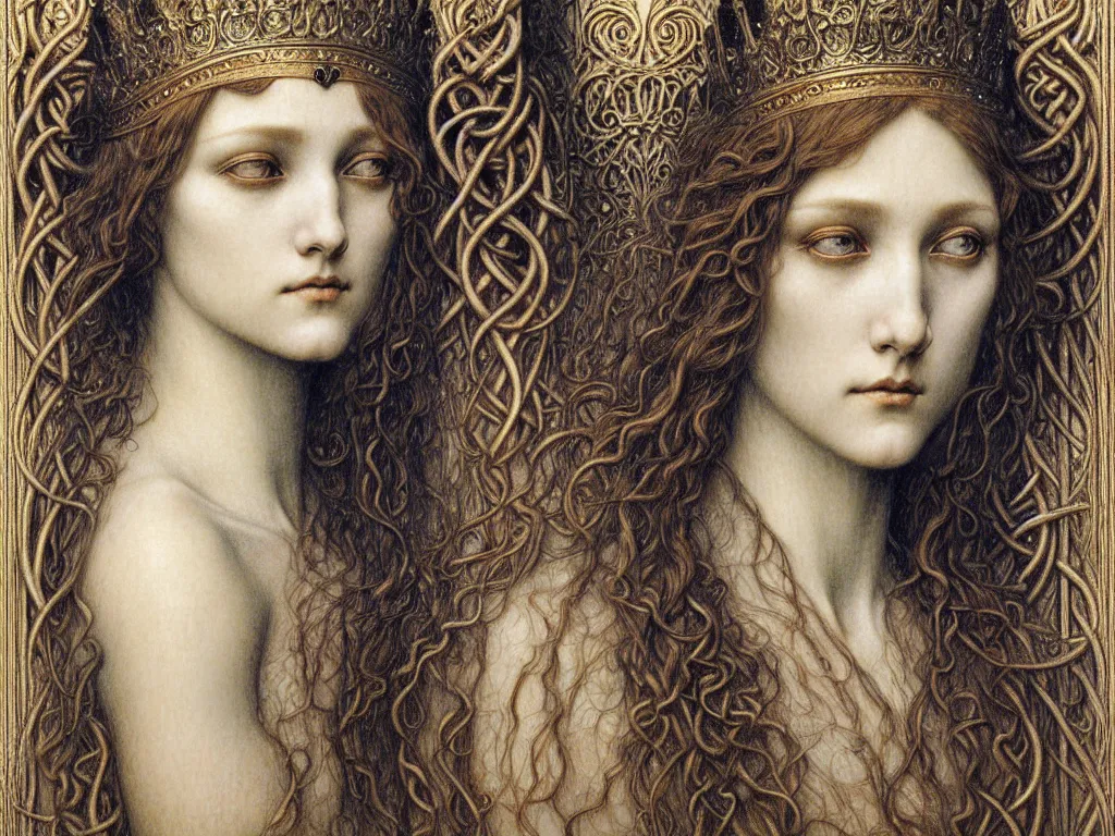 Image similar to detailed realistic beautiful young medieval queen face portrait by jean delville, gustave dore and marco mazzoni, art nouveau, symbolist, visionary, gothic, pre - raphaelite. horizontal symmetry